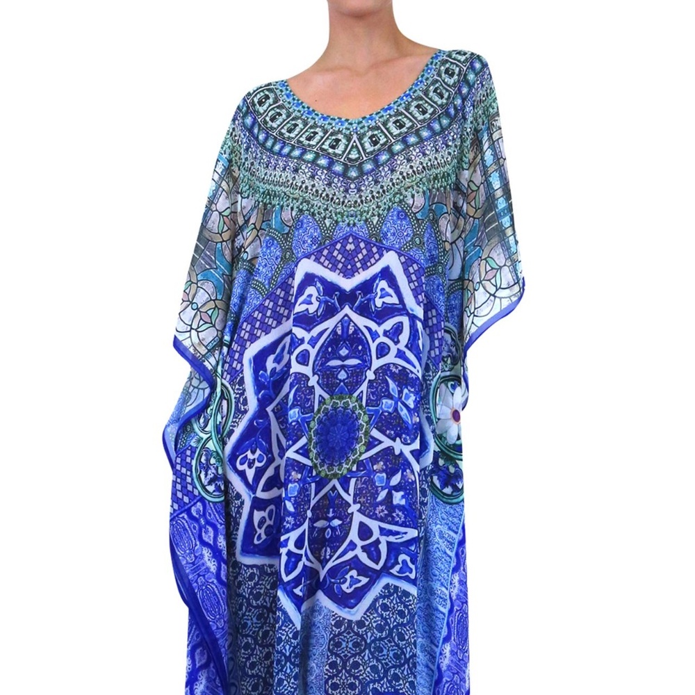 Tile Print - Blue and White Maxi dress kaftan sale 75% OFF Kaftan dress in Blue